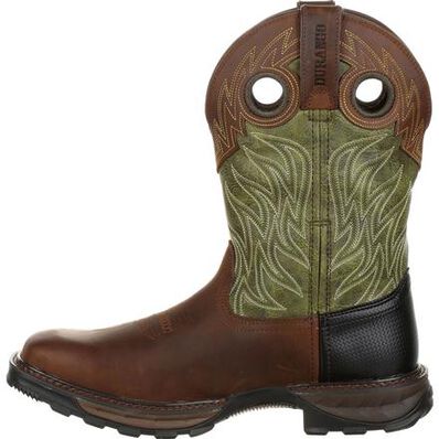 Durango Men's Maverick XP Waterproof Western Boot, brown with green shaft – side, opposite boot
