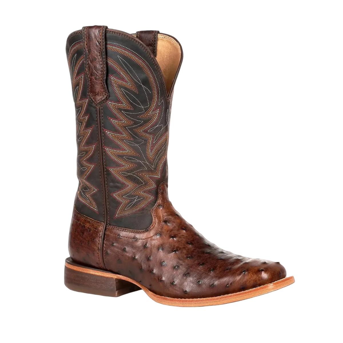 Durango men's brown exotic full-quill ostrich western boots with square toe, showcasing detailed leather stitching and rugged Western style.