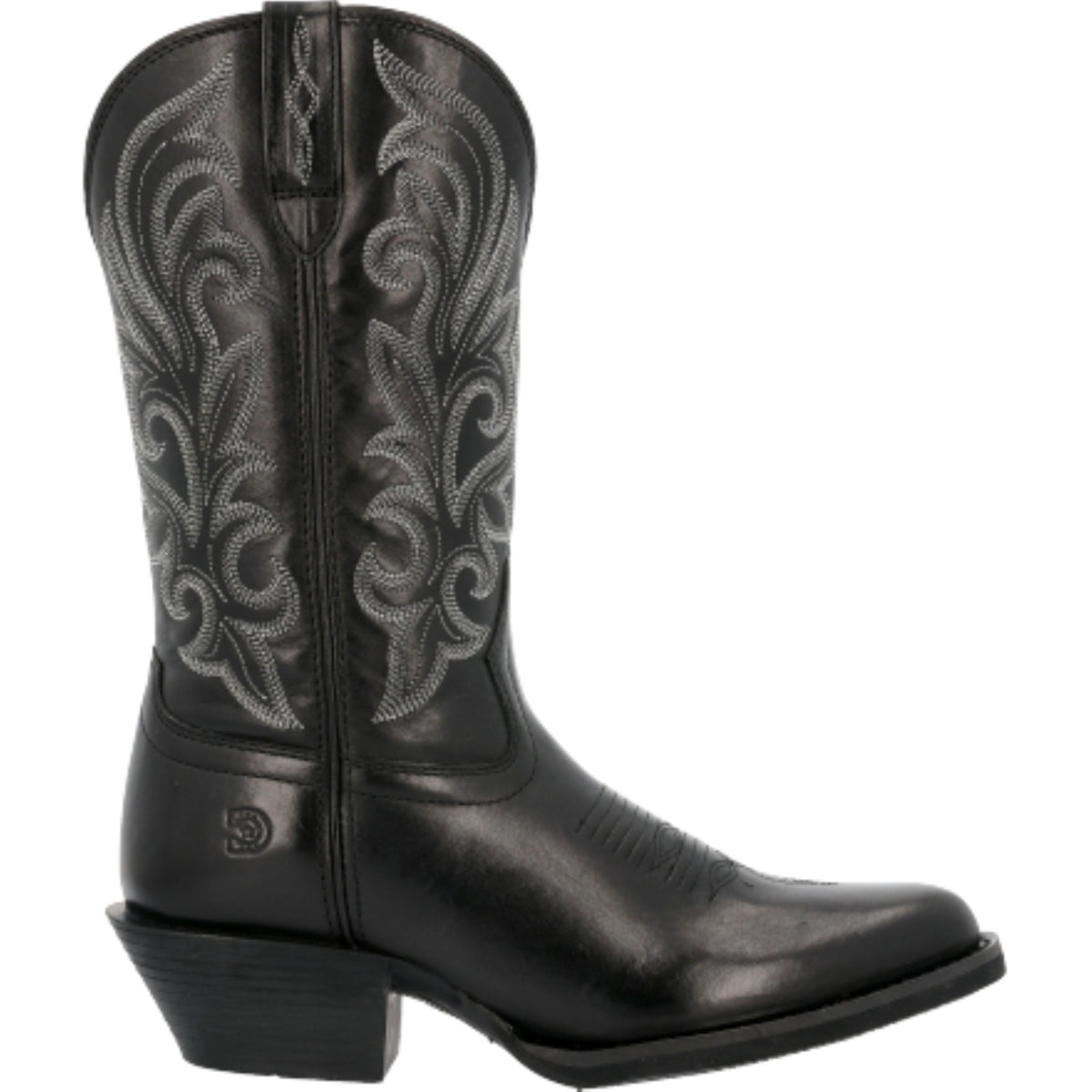 Durango Women's Shyloh black Western boots with pointed toe and Western stitching, stylish cowboy boots for women.