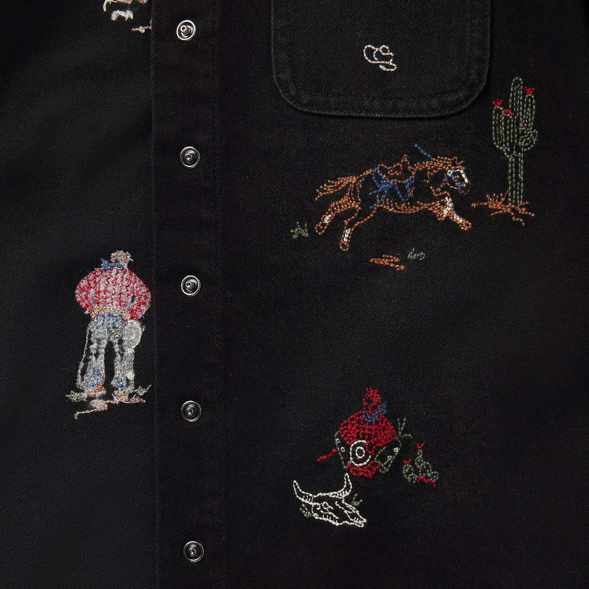 Stetson embroidered black denim shirt with detailed stitching, casual long-sleeve design, and button closure.