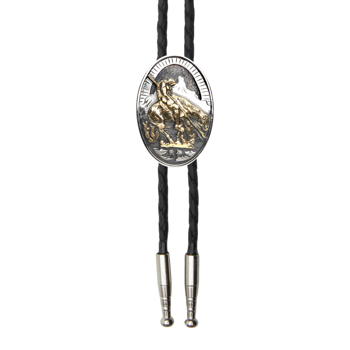 AndWest End of the Trail bolo tie featuring a detailed western-themed design with a decorative central slide.