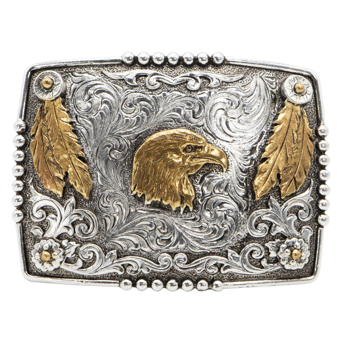 AndWest Feathered Eagle Belt Buckle featuring a detailed eagle design in metal with intricate feather patterns.