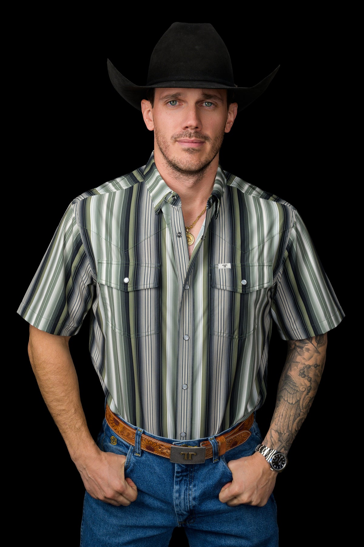 Ferrell Brand Men's Harrison Pearl Snap Short Sleeve Shirt, Green – front