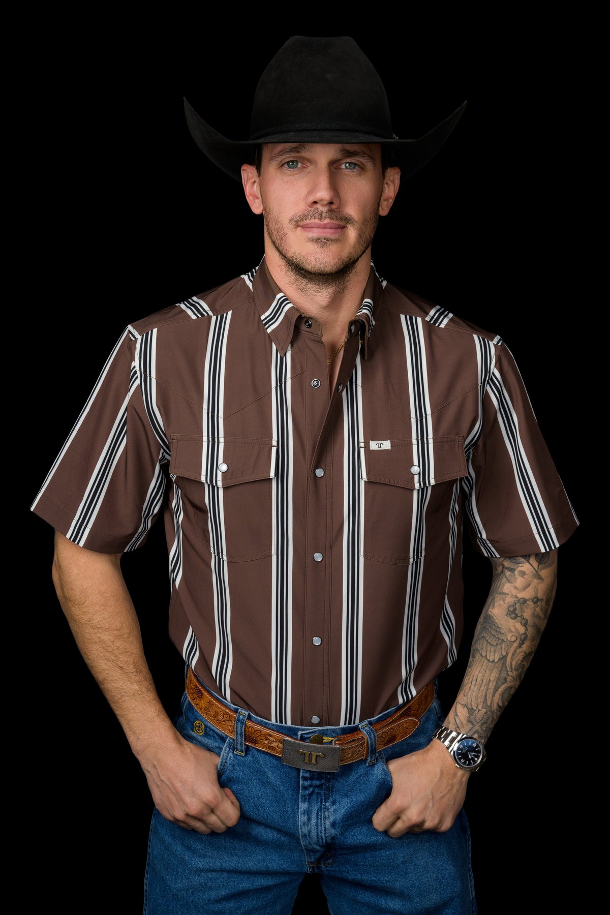 Ferrell Brand Men's Hatfield Pearl Snap Short Sleeve Shirt, Brown – front