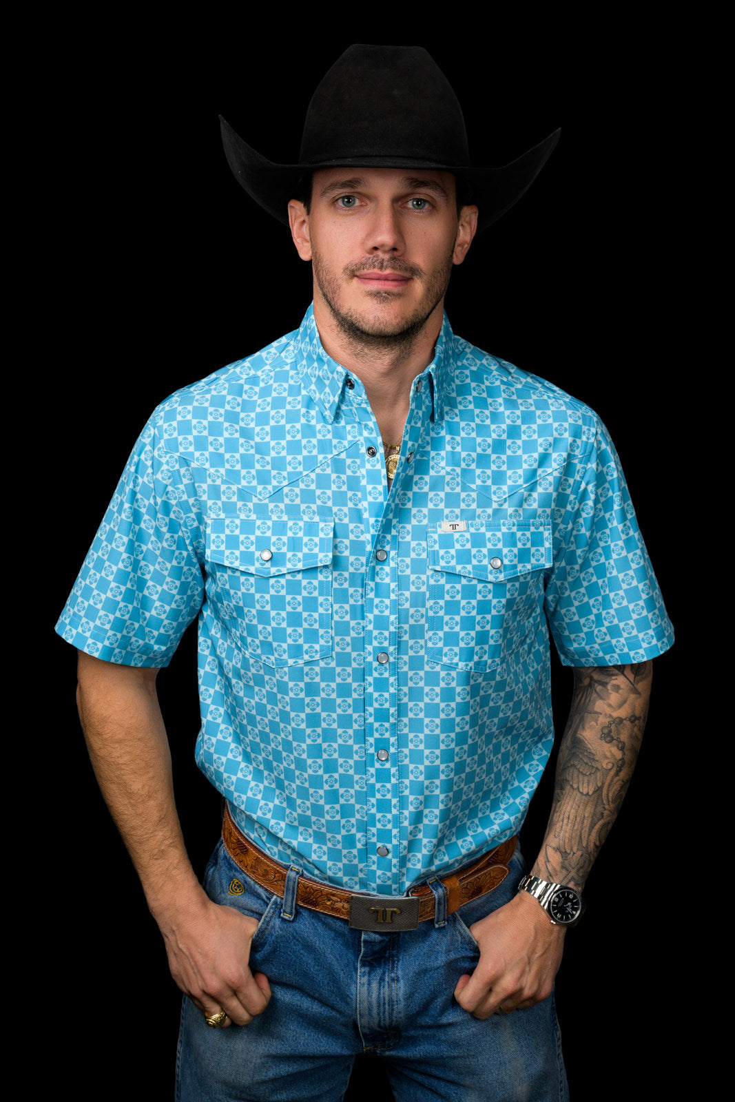 Ferrell Brand Men's Prescott Pearl Snap Short Sleeve Shirt, Blue – front