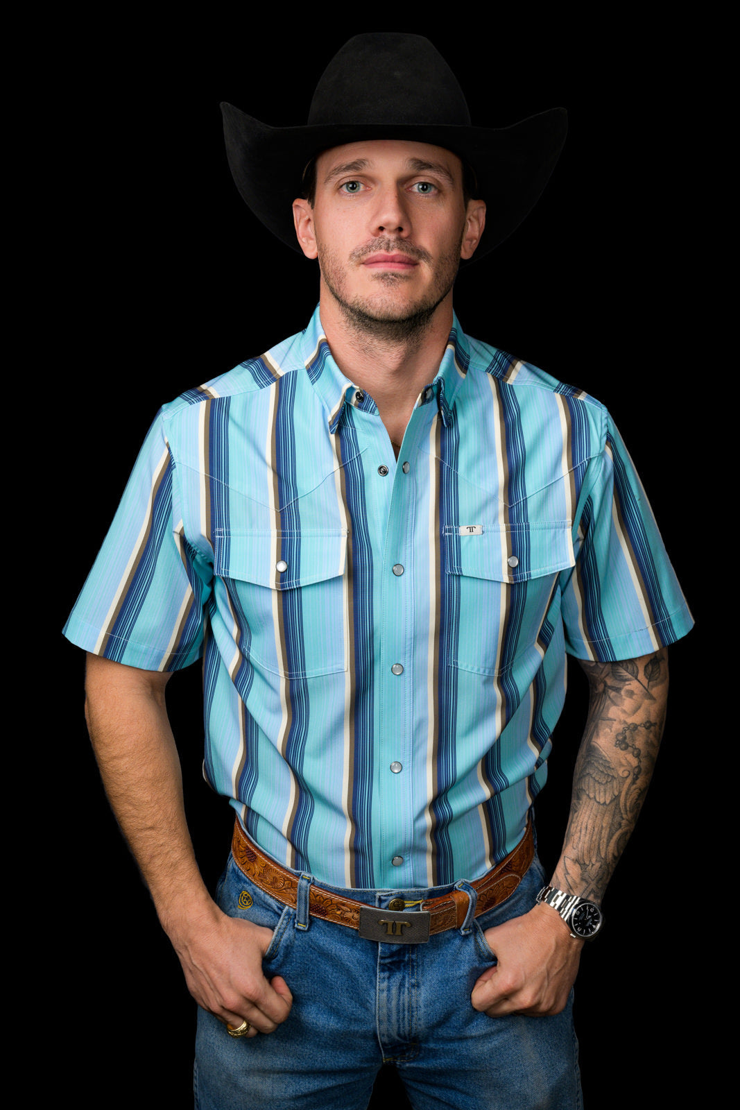 Ferrell Brand Men's Tristan Pearl Snap Short Sleeve Shirt, Blue – front