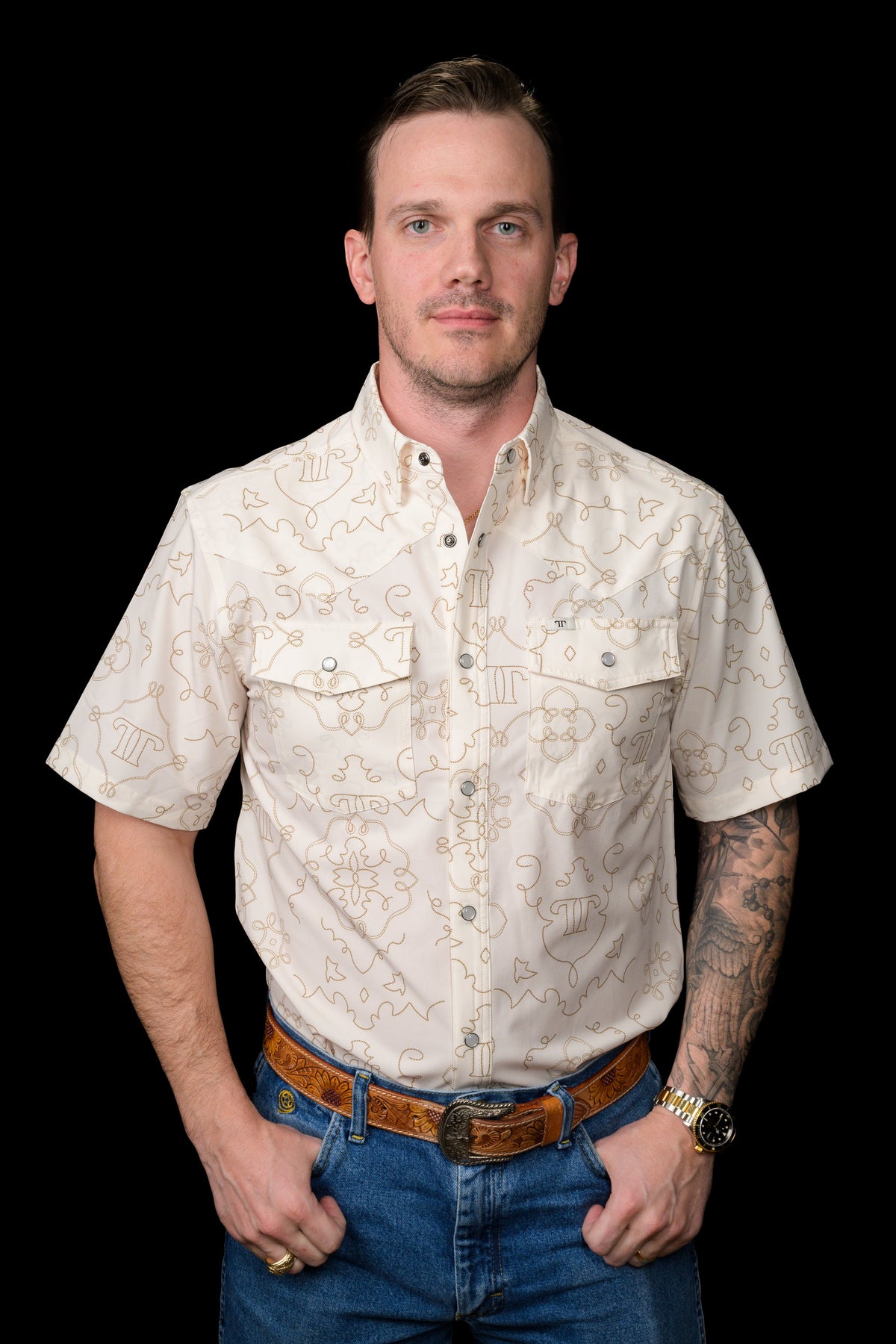 Ferrell Brand Men's Carson Pearl Snap Short Sleeve Shirt (Beige)