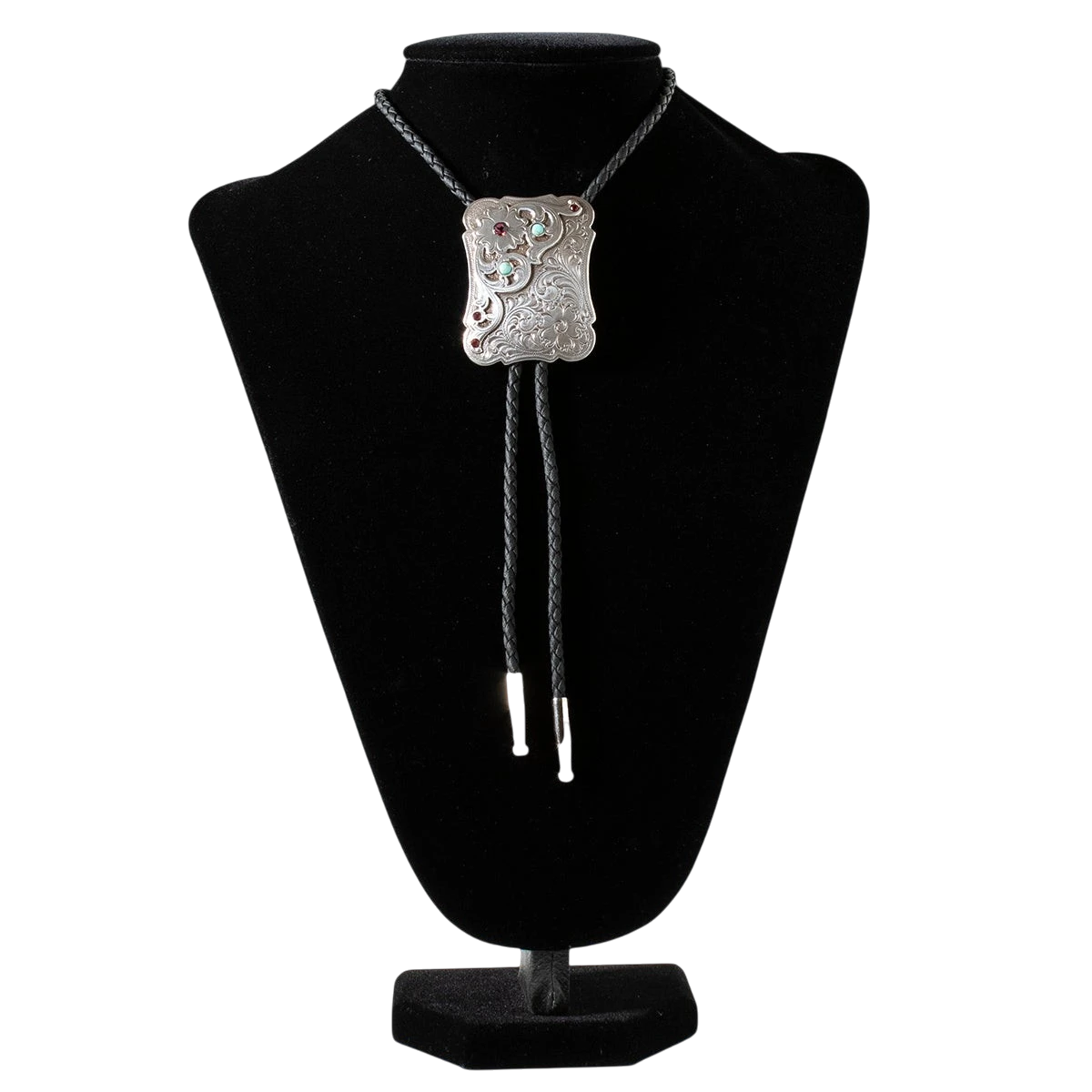 M&F Flower Stone Bolo Tie featuring a floral stone centerpiece and traditional western-style cord for men and women.