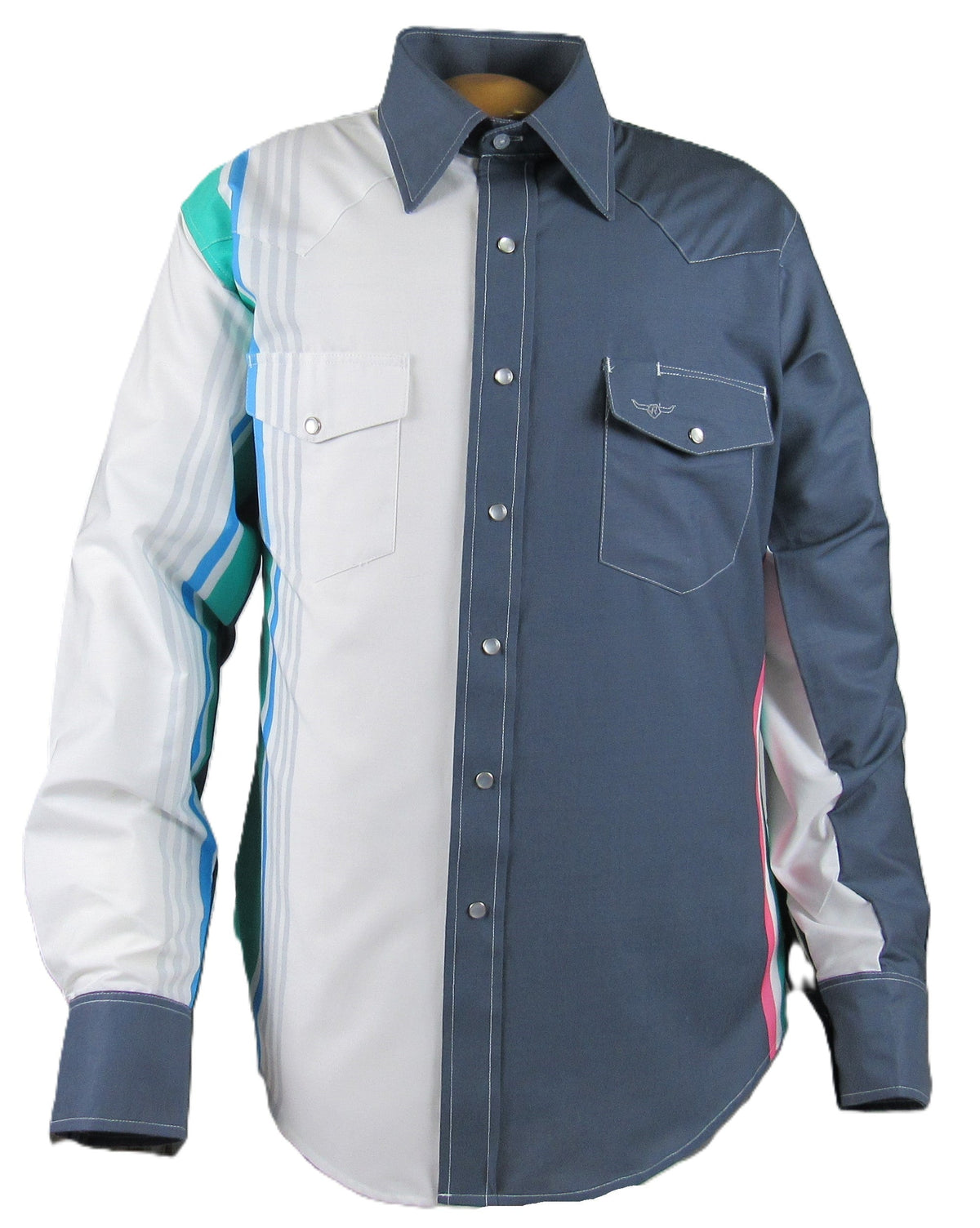 Gray retro stripe long sleeve shirt from RuddockShirts Flying R Ranchwear Cantina Collection, featuring a classic fit and vintage-inspired design.