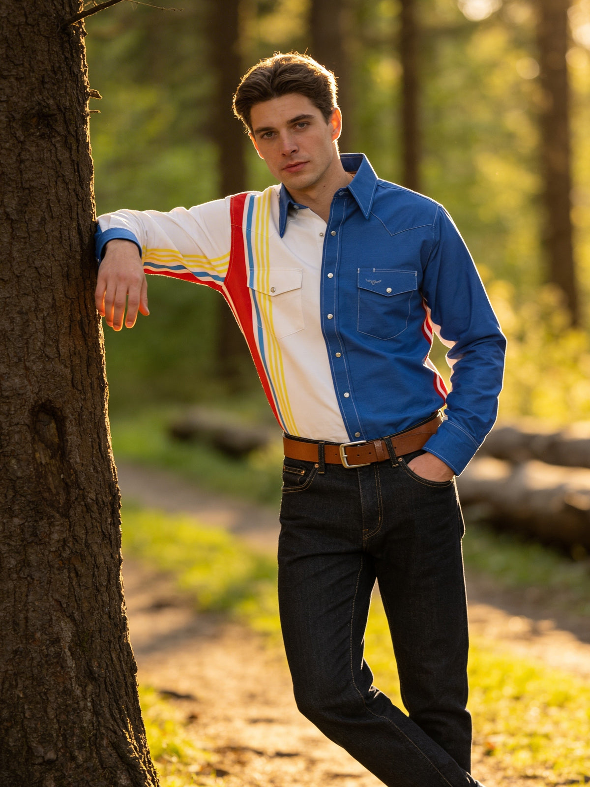 Flying R Ranchwear long sleeve shirt with royal retro stripe from the Cantina Collection, featuring a classic fit and stylish design.