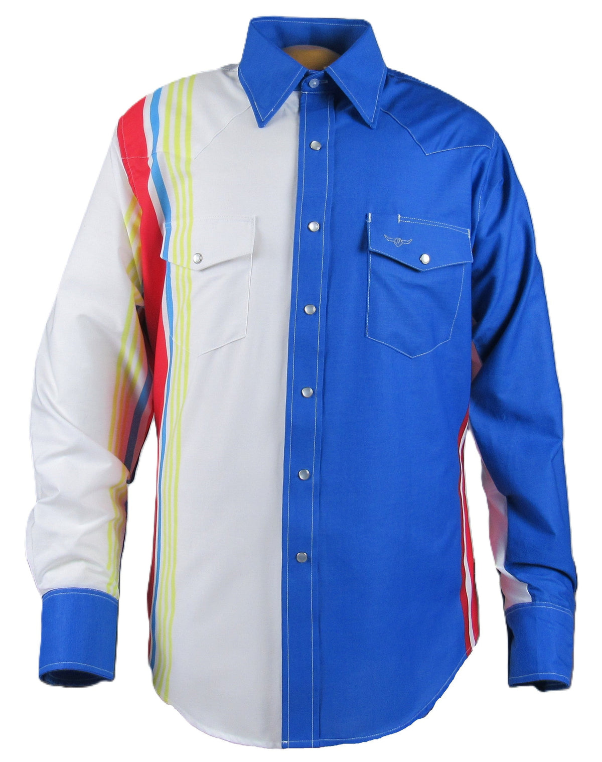 Ruddockshirts Flying R Ranchwear Cantina Collection long sleeve shirt with royal retro stripe pattern, classic fit and stylish design.