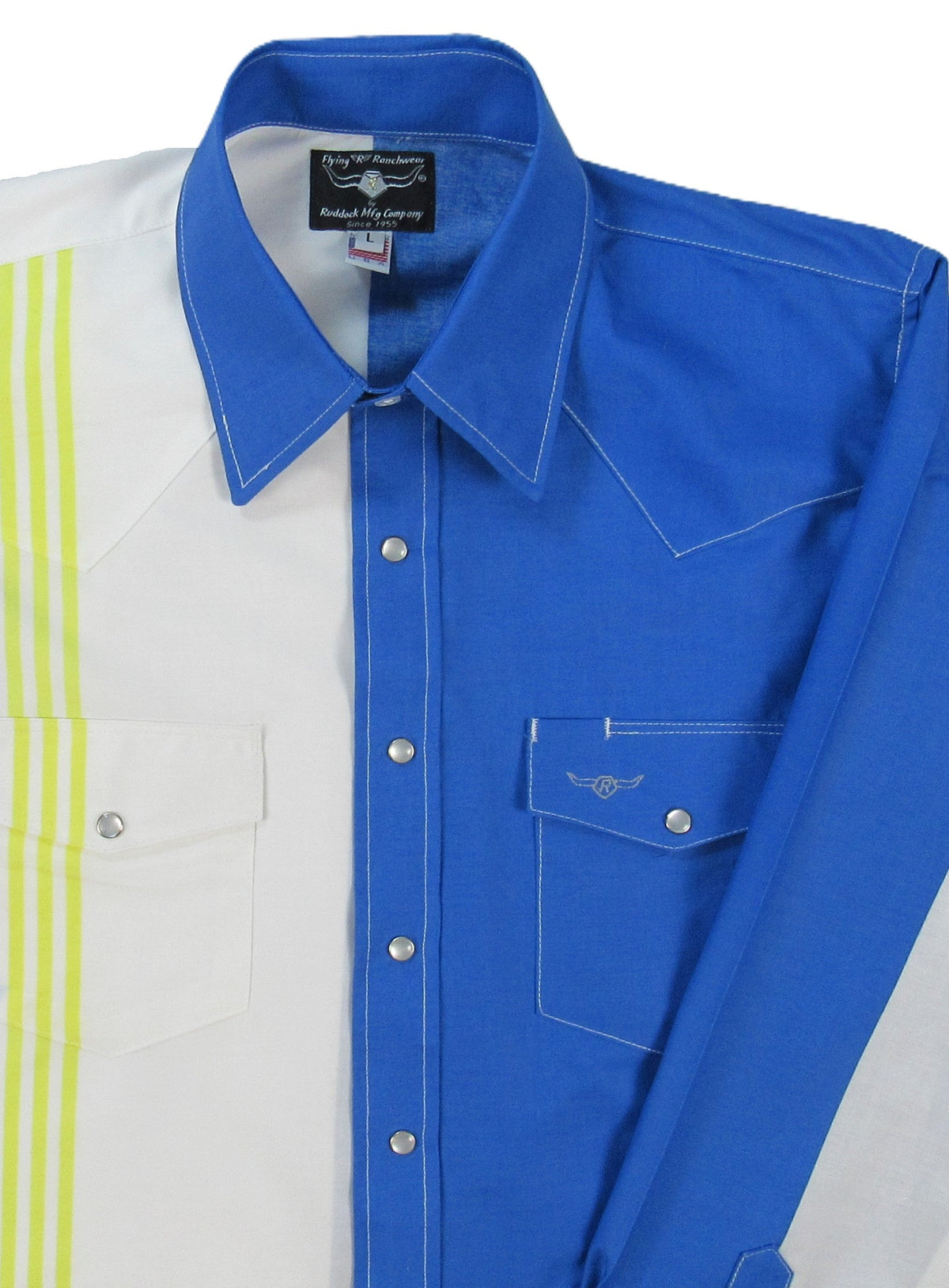 Long sleeve classic fit shirt from Ruddock Shirts' Flying R Ranchwear Cantina Collection with royal retro stripe pattern.