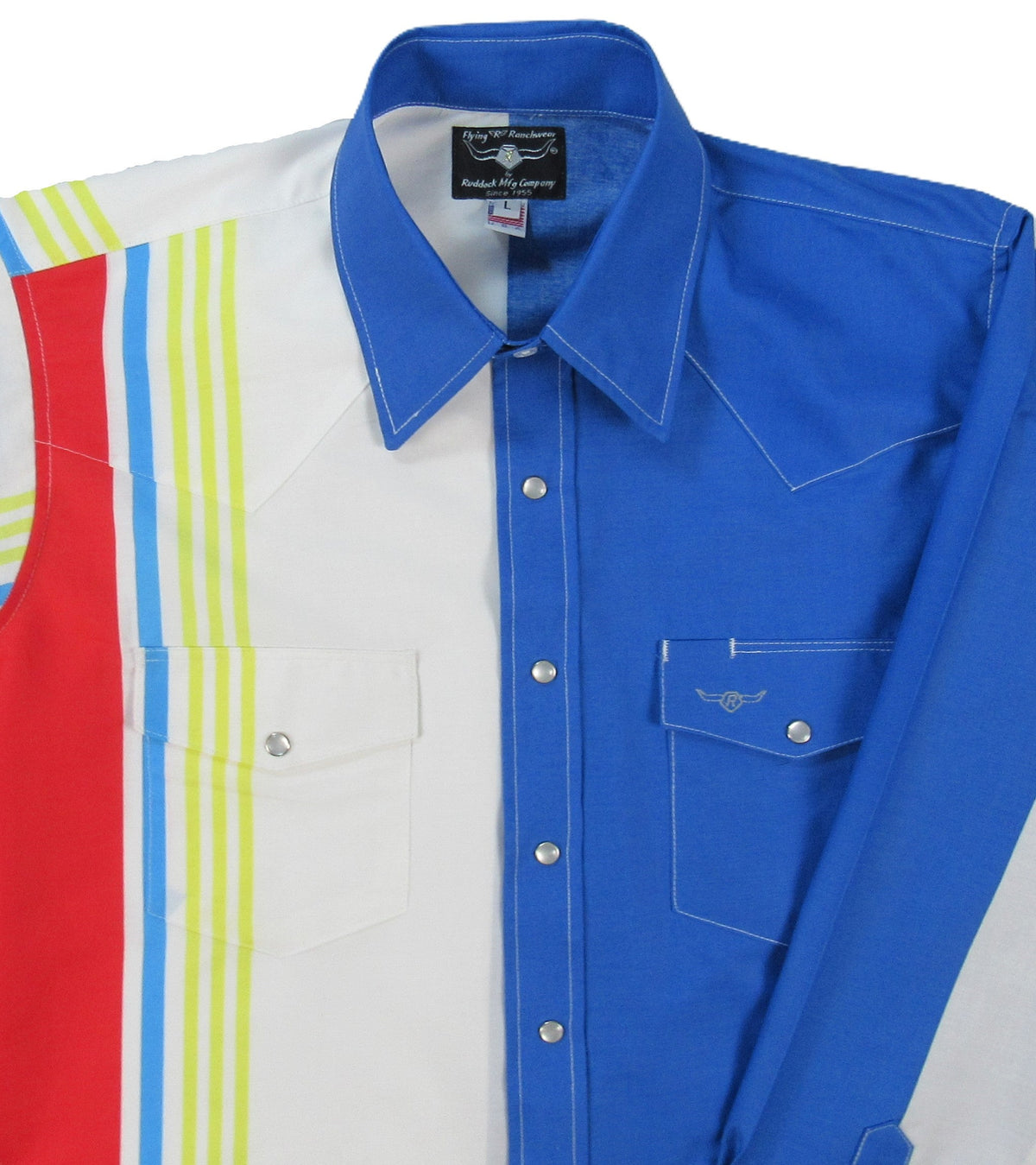 Long sleeve shirt from Ruddock Shirts' Flying R Ranchwear Cantina Collection with royal retro stripe pattern in classic fit.