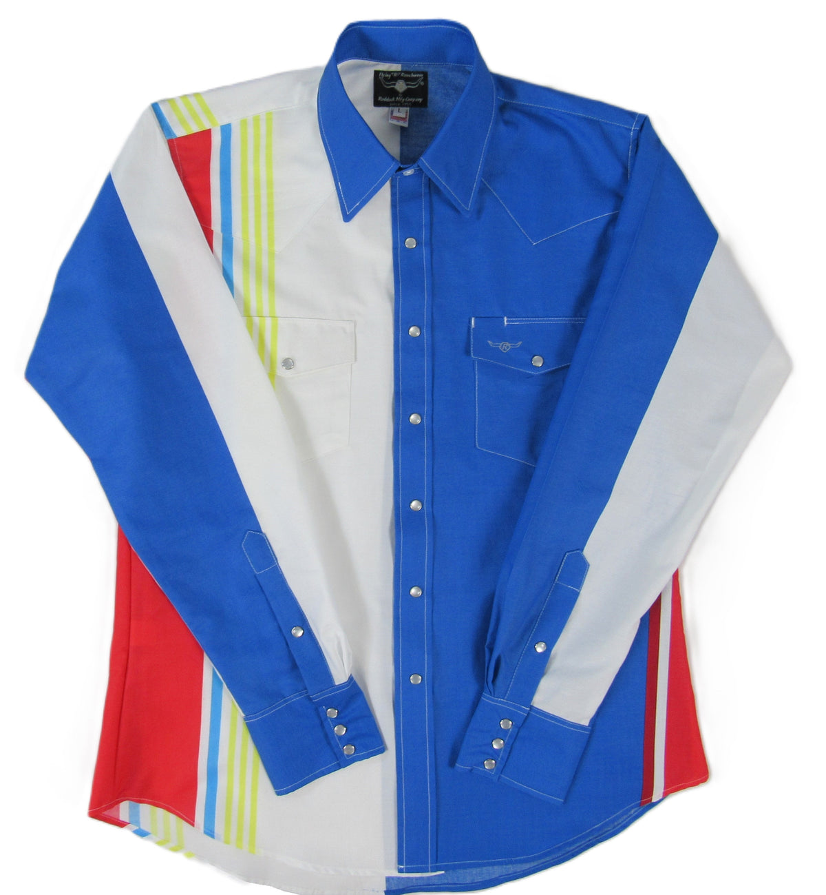 Long sleeve shirt from Ruddock Shirts Flying R Ranchwear Cantina Collection in Royal Retro Stripe with a classic fit.