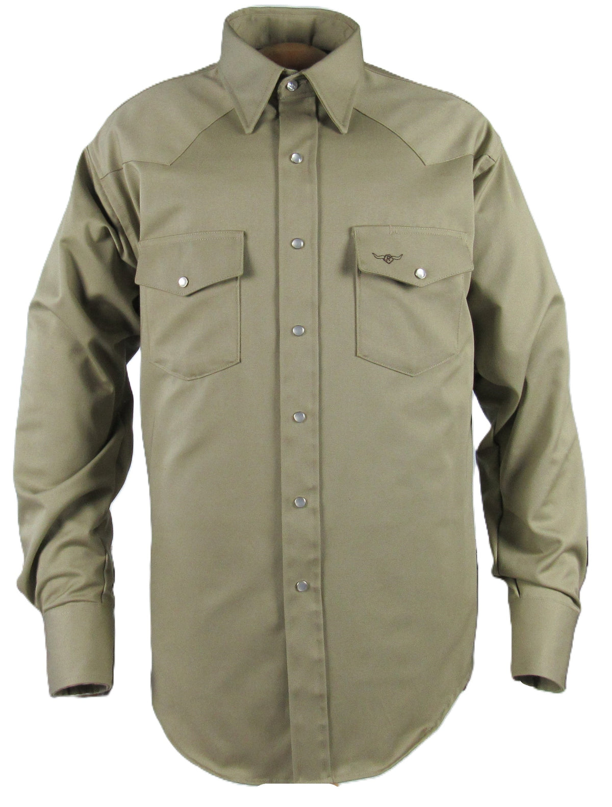 Khaki long sleeve ranchwear shirt by RuddockShirts.com with snaps, prairie twill fabric, and a classic fit.