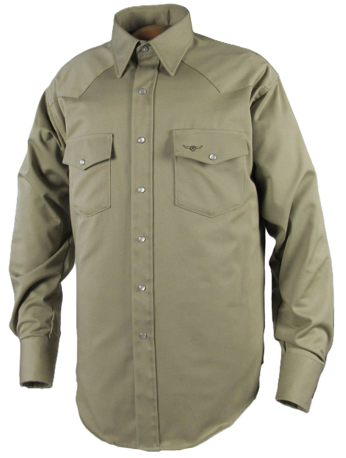 Khaki long sleeve ranchwear shirt from Flying R Ranchwear with snaps and classic fit, made of prairie twill fabric by ruddockshirts.com.