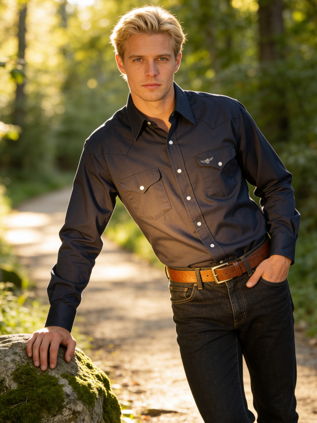 Navy long sleeve Prairie Twill work shirt by RuddockShirts.com, heavy solid fabric, suitable for ranch or workwear.