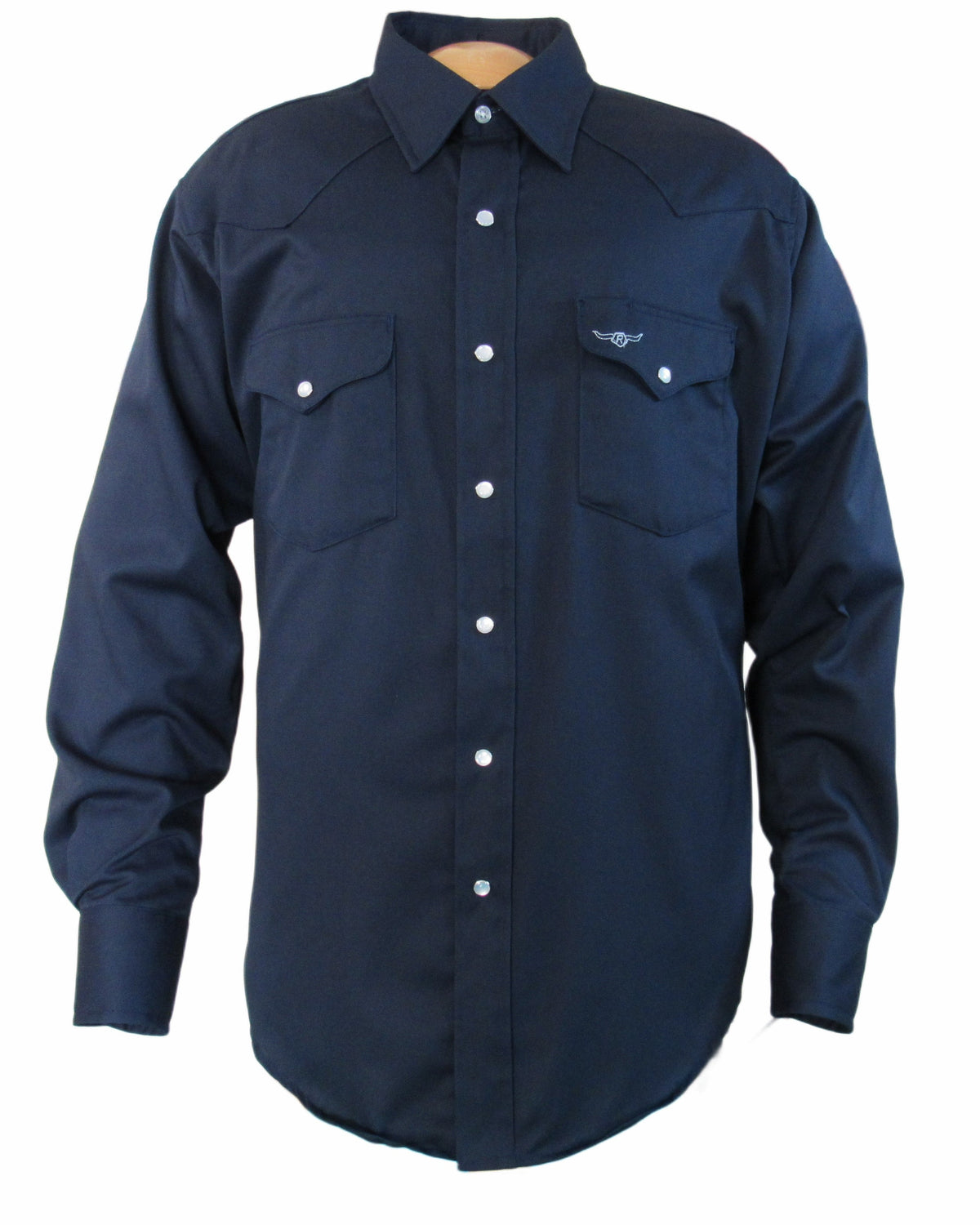 Flying R Ranchwear navy twill long sleeve work shirt with heavy solid fabric and classic ranch style by ruddockshirts.com.