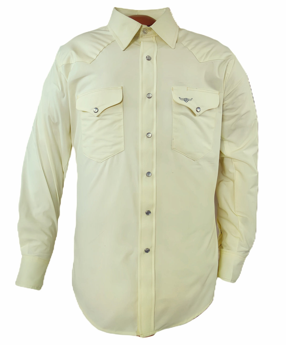 Flying R Ranchwear Western classic fit long sleeve shirt in pale yellow with snaps, featuring a traditional Western style.