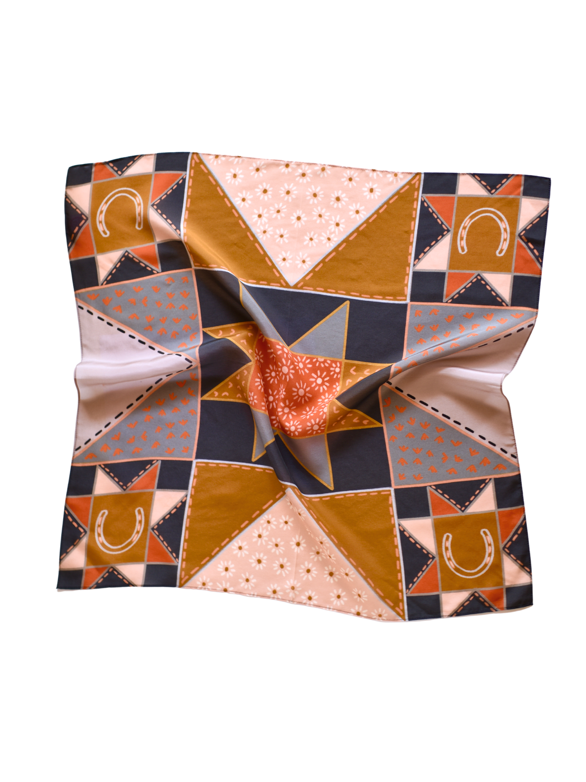 Tirzah Lane Art Frontier Bound patchwork Western silk wild rag scarf in rust with intricate design and vibrant patchwork details.
