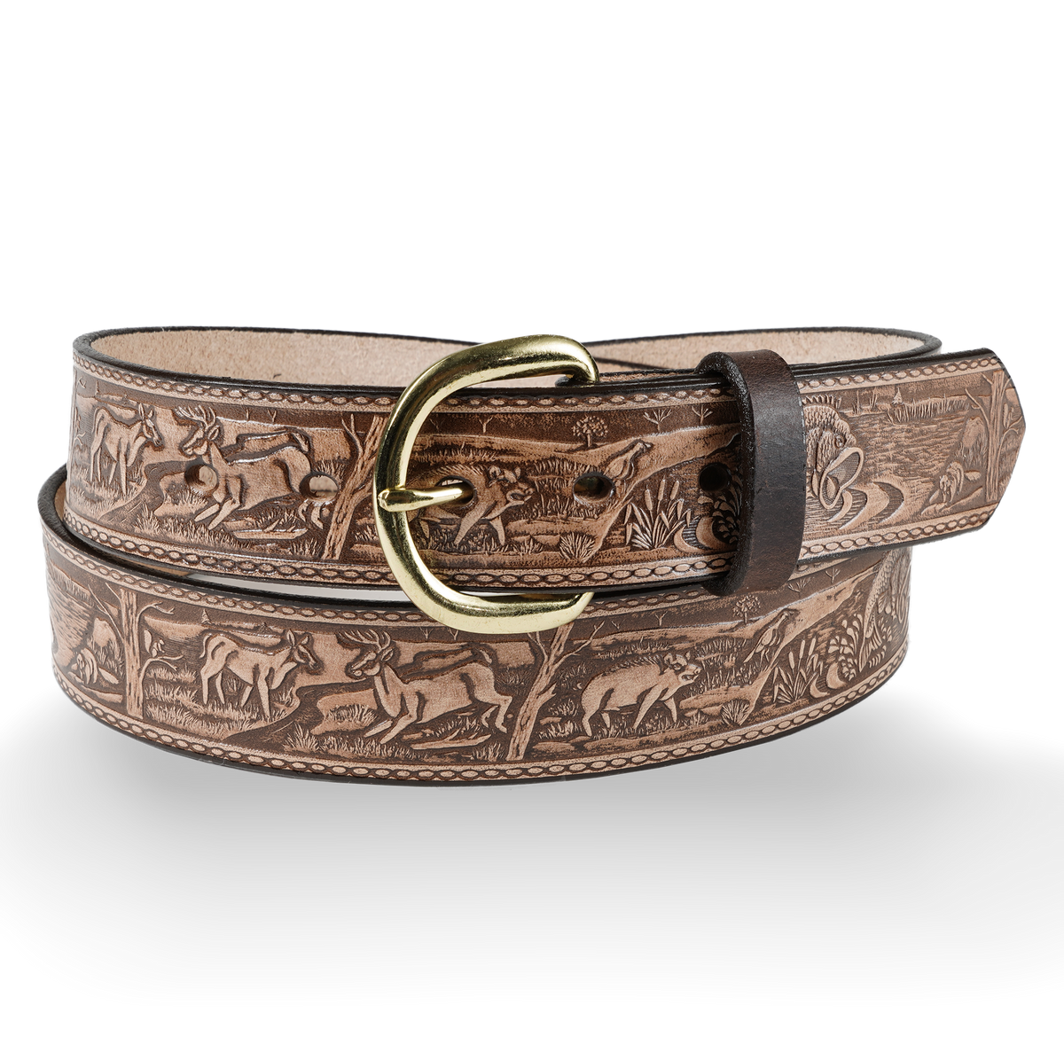Gingerich 1.5-inch antique brown woodland embossed leather belt with detailed embossed pattern and metal buckle.