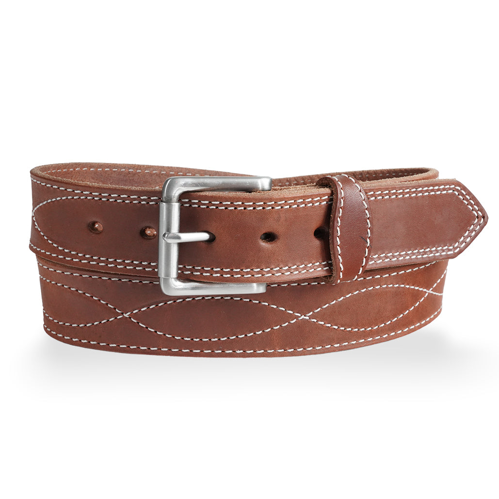 Gingerich 1.5-inch Sedona Hot Dipped Work Belt with White Stitch, style 8019-37, featuring durable leather and adjustable fit.