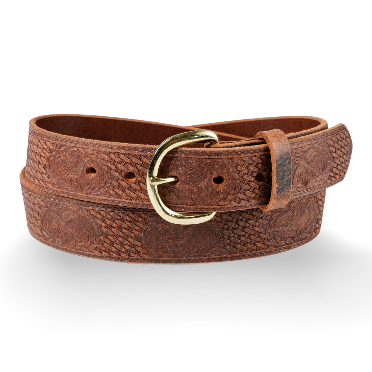 Gingerich 1.5-inch distressed brown leather belt with pheasant embossed design, style 432-45, for men or women.