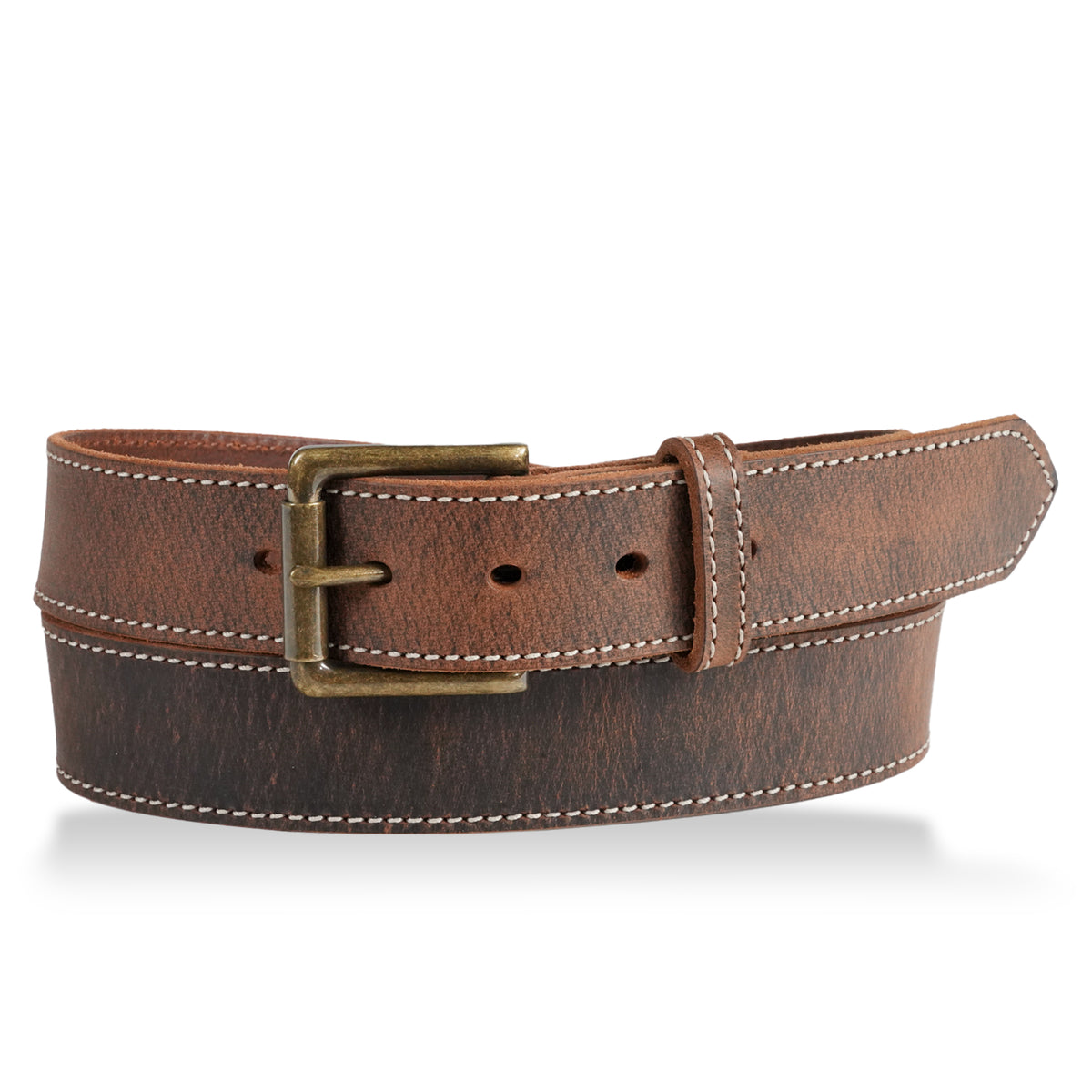 Gingerich 1.5-inch distressed brown leather work belt with stitched details, style 1024-45, for durable everyday wear.