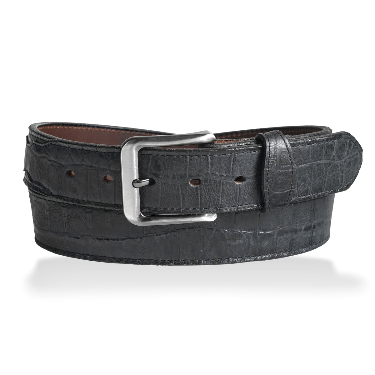 Gingerich embossed gator skin black belt with scalloped overlay, style 8244-18, showcasing detailed textured leather design.