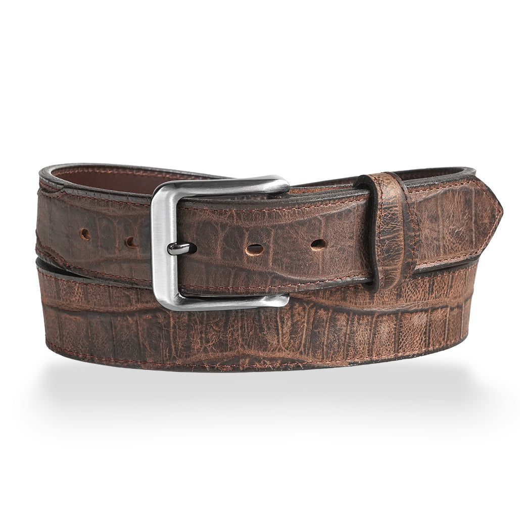 Dark brown Gingerich embossed gator skin belt with scalloped overlay, styled with a sleek buckle for a sophisticated look.