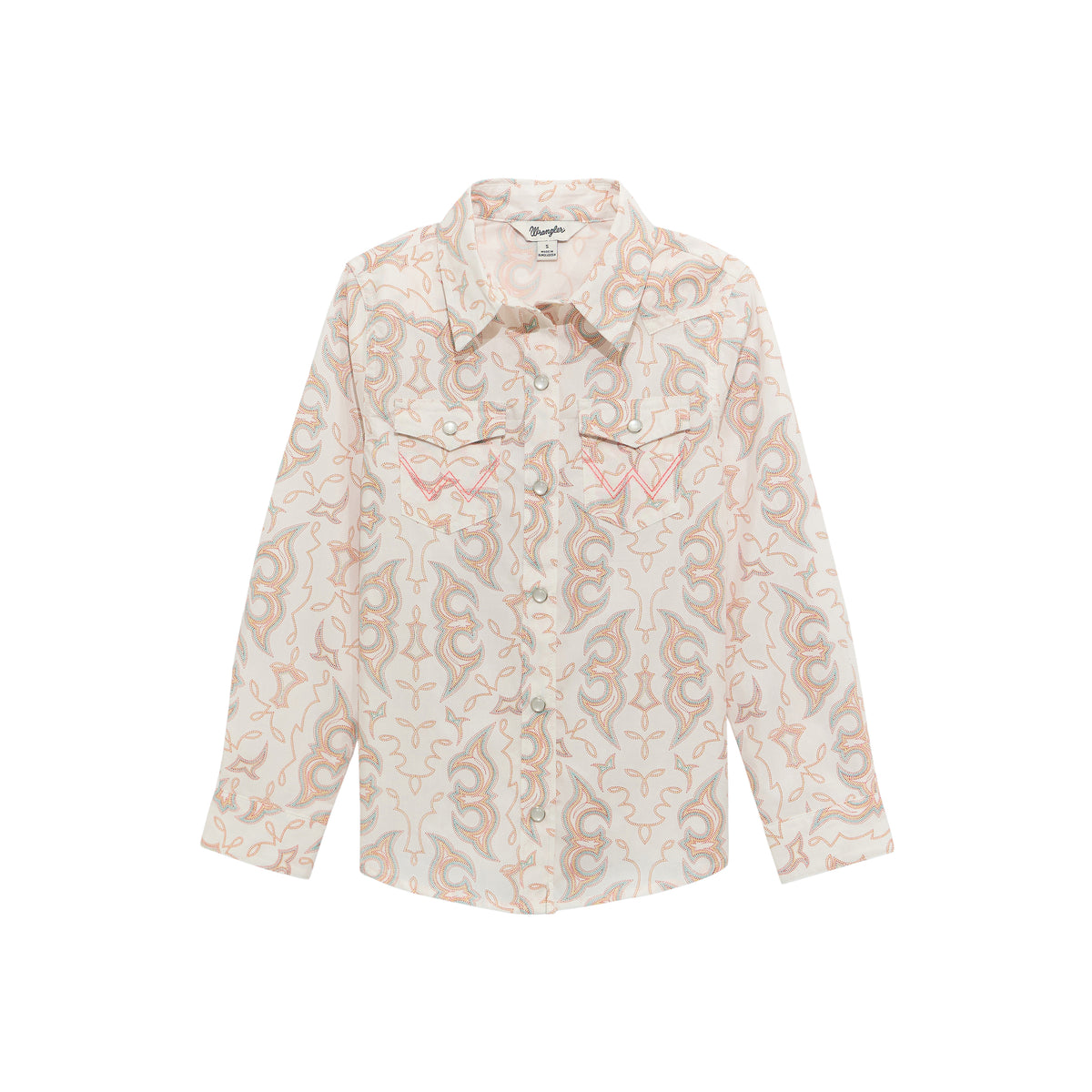 White Wrangler girls' western top shirt with long sleeves and decorative accents, perfect for casual or country-style outfits.