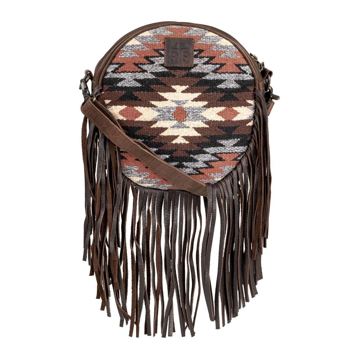 Shawnee Outfitters Guadalupe Serape Sage Crossbody Bag with vibrant woven pattern and adjustable strap, casual accessory for everyday use.