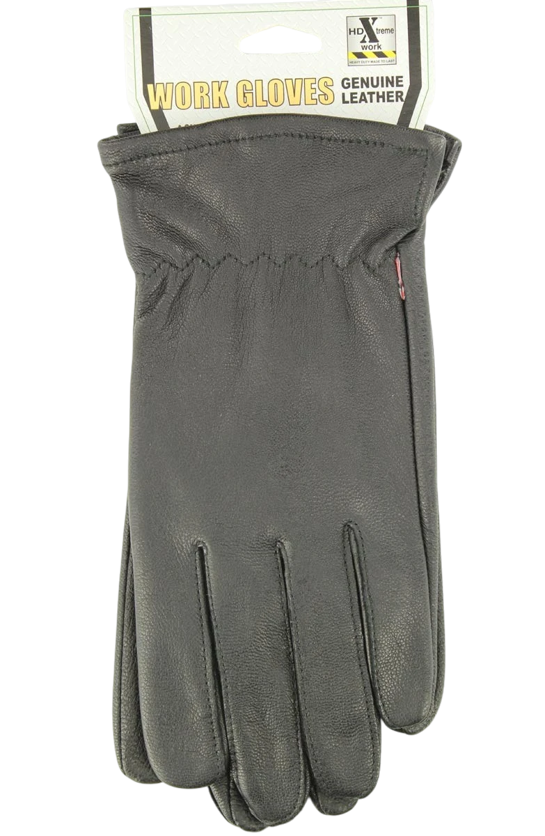 Black HDX men's goatskin gloves by M&F, showing close-up of durable leather gloves for men with detailed stitching and fit.