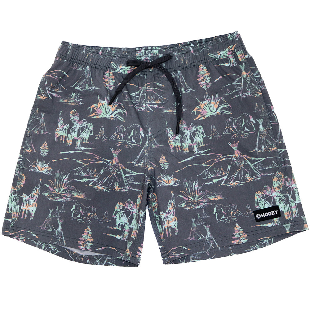 Hooey Bigwake boardshort in charcoal and multi-color with abstract patterns, designed for water sports and casual wear.
