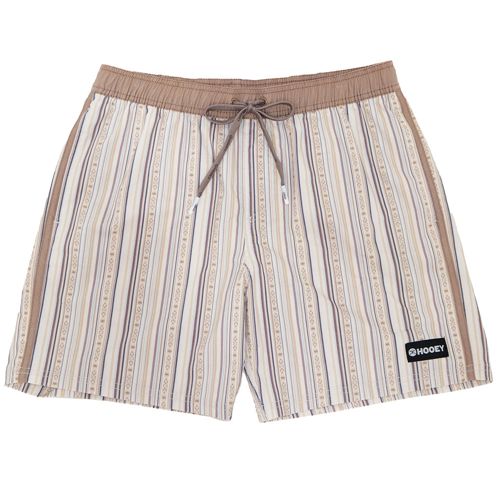 Hooey Breaker boardshort in cream with blue stripes, featuring a relaxed fit and elastic waistband for casual beachwear.