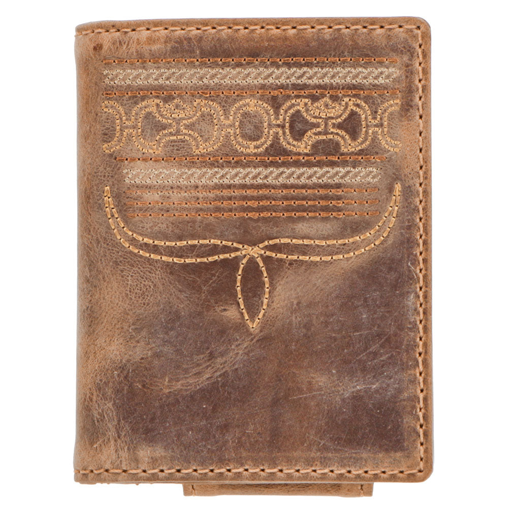 Hooey Dalton bifold money clip in smooth brown leather with stitching details and metal clip for cash and cards.