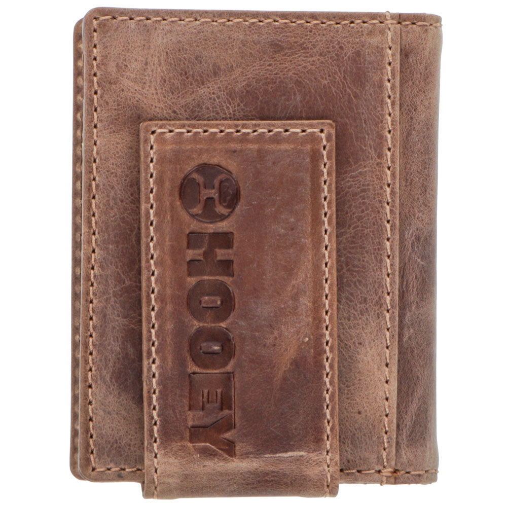 Hooey Dalton smooth brown bifold wallet with stitching and integrated money clip, stylish men's leather accessory.