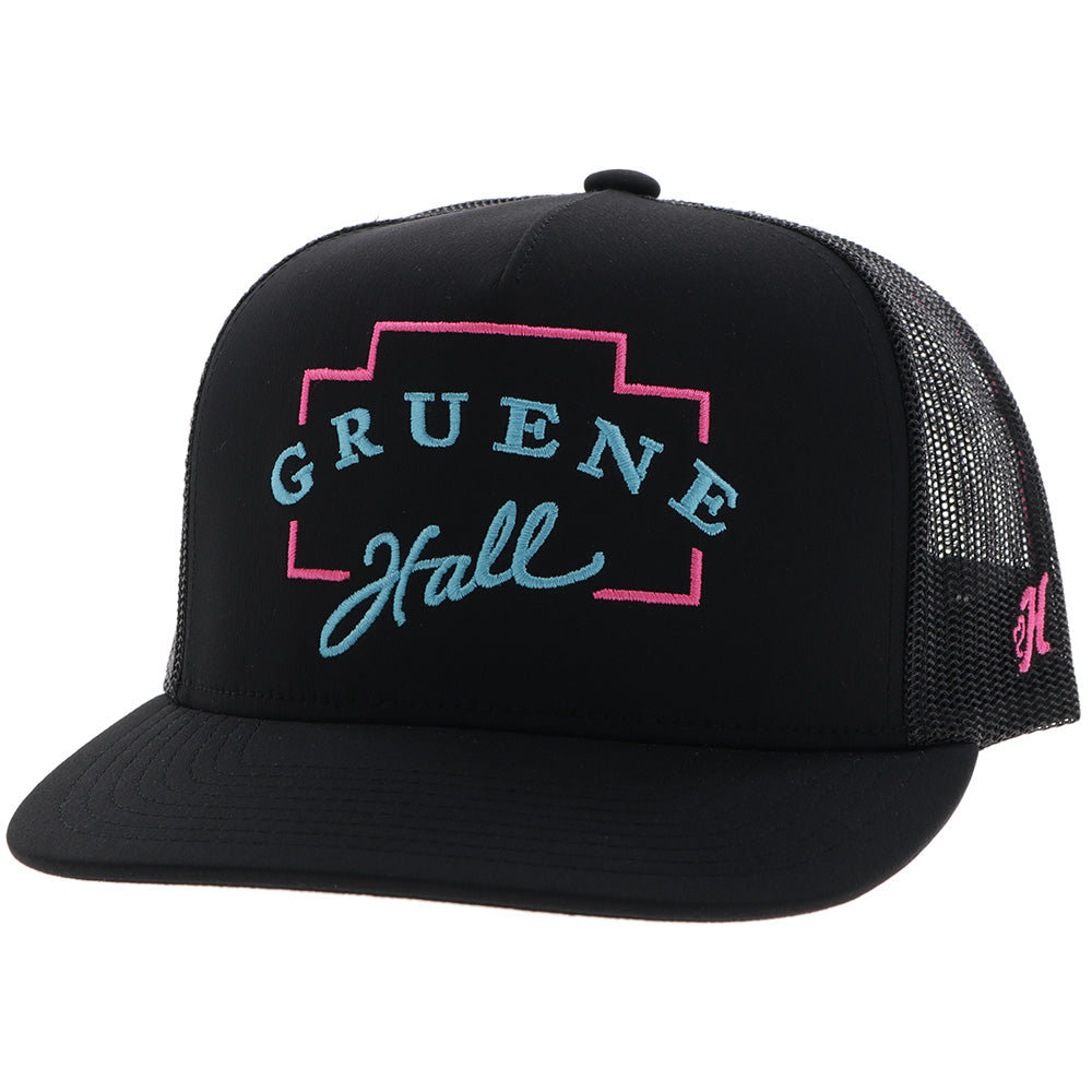 Hooey Gruene Hall black cowboy hat with pink and blue embroidery, showcasing detailed stitching and classic Western style.