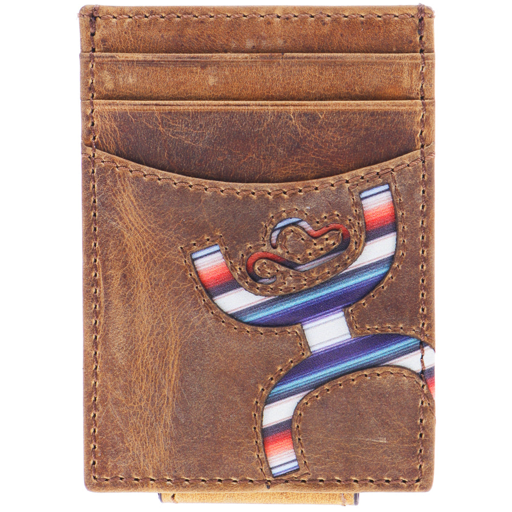Hooey Original Money Clip in tan with sunset serape print, shown holding bills and credit cards.