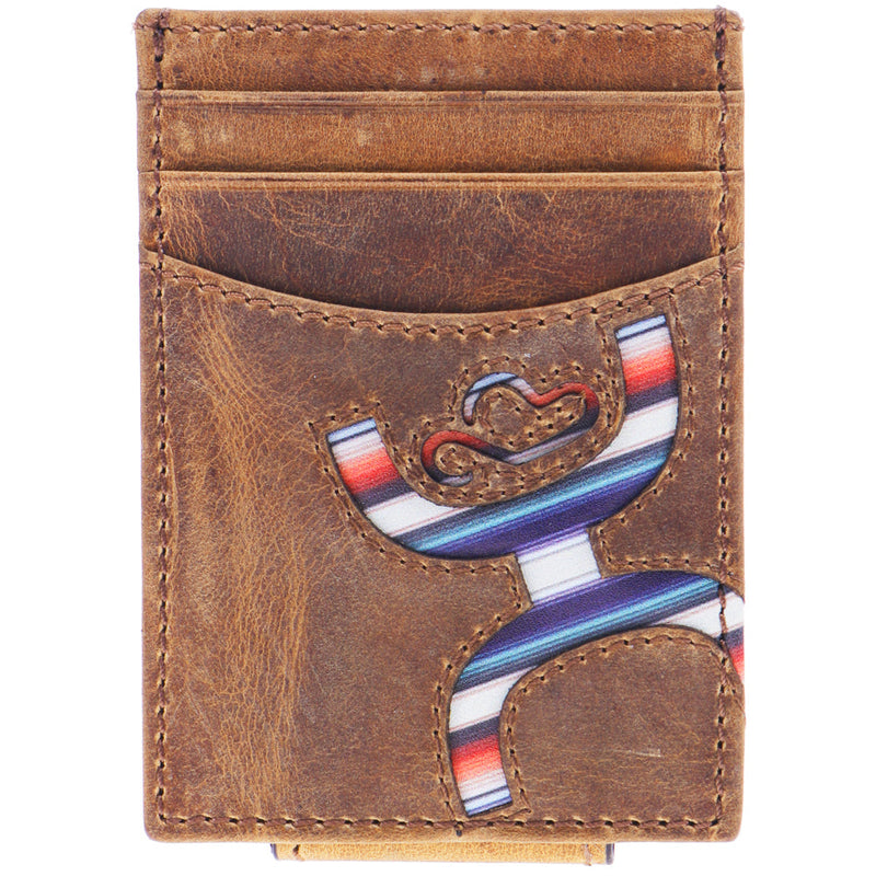 Hooey Original Money Clip in tan with sunset serape print, shown holding bills and credit cards.