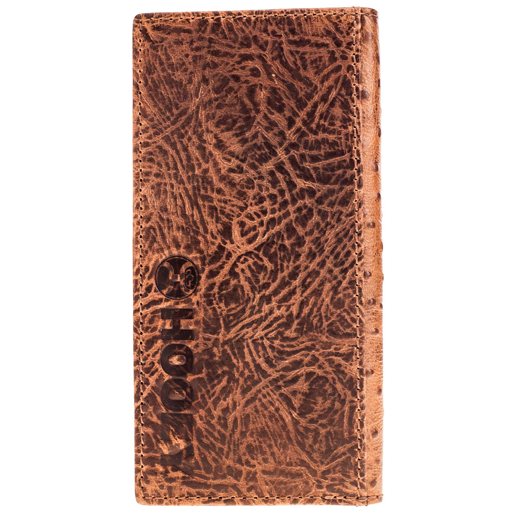 Hooey Sawyer ostrich print brown and turquoise rodeo wallet with embossed texture and multiple card slots.