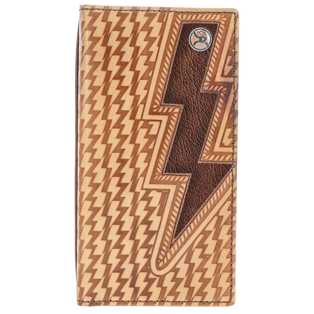 Hooey Zemi tan basket weave rodeo wallet with brown lightning bolt design by Shawnee Outfitters, featuring detailed craftsmanship.
