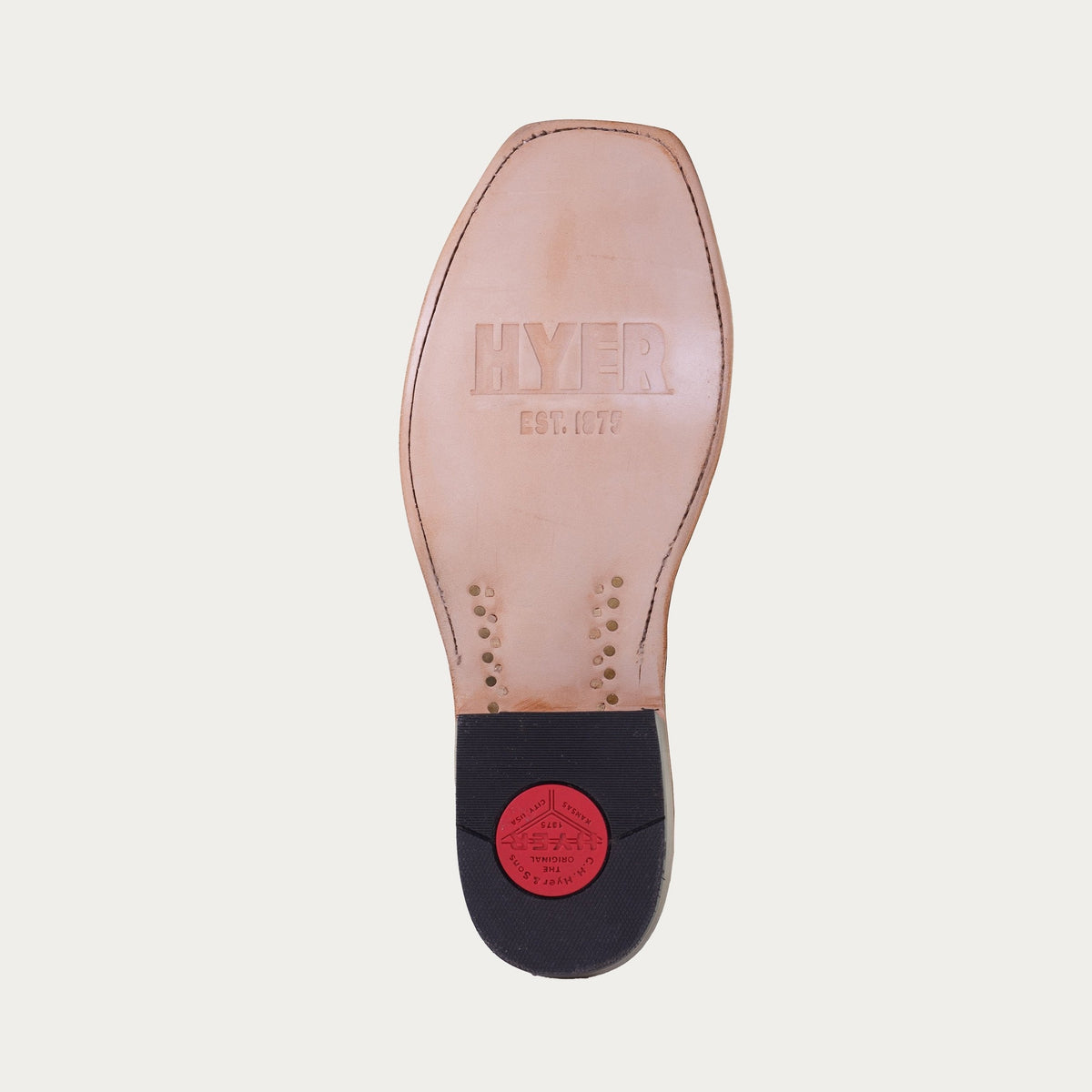 Hyer Stafford cowhide cutter toe boot in tan and brown with sturdy sole and classic Western style, front view.