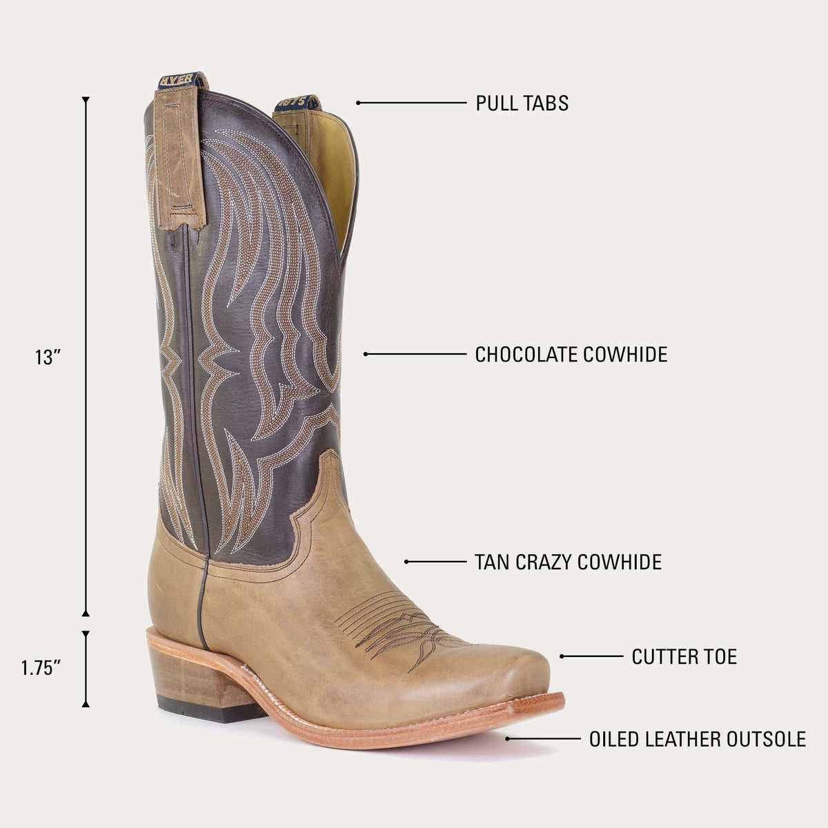 Hyer Stafford cowhide cutter toe boot in tan and brown with sturdy design and classic Western style.