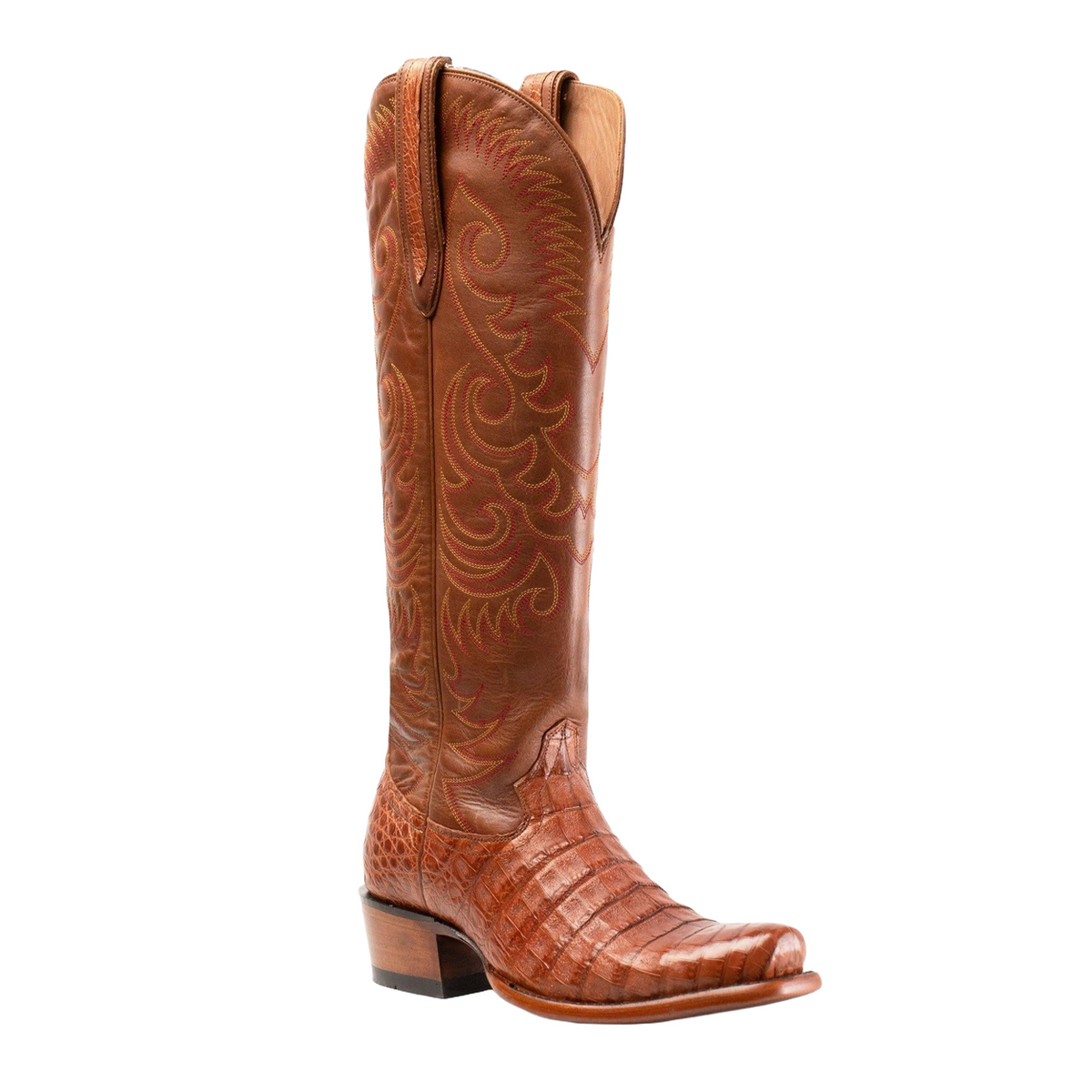Hyer Women's Kensington Western Boot in Cognac leather with pointed toe and Western stitching, cowboy style footwear.