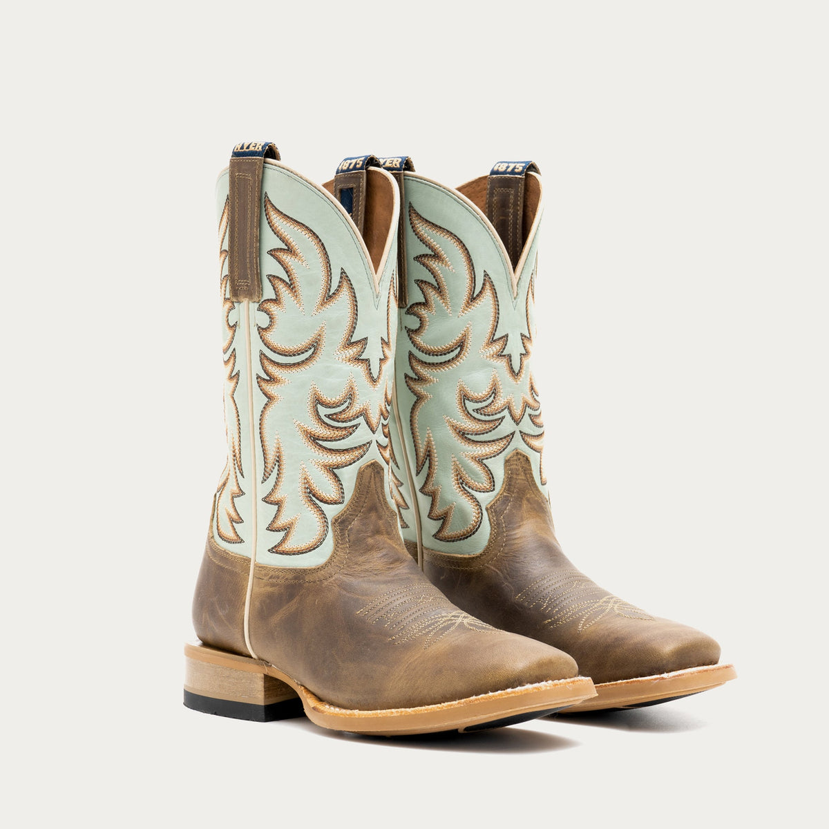 HYER Women's Topeka 13" Western Boot, Tan/Blue – pair 3-4 front