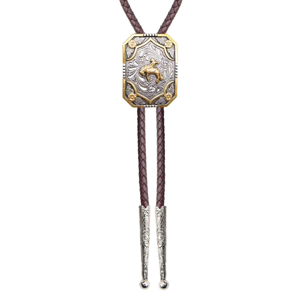 AndWest Iconic Bronc Rider bolo tie featuring a detailed metal horse rider design on a black cord.