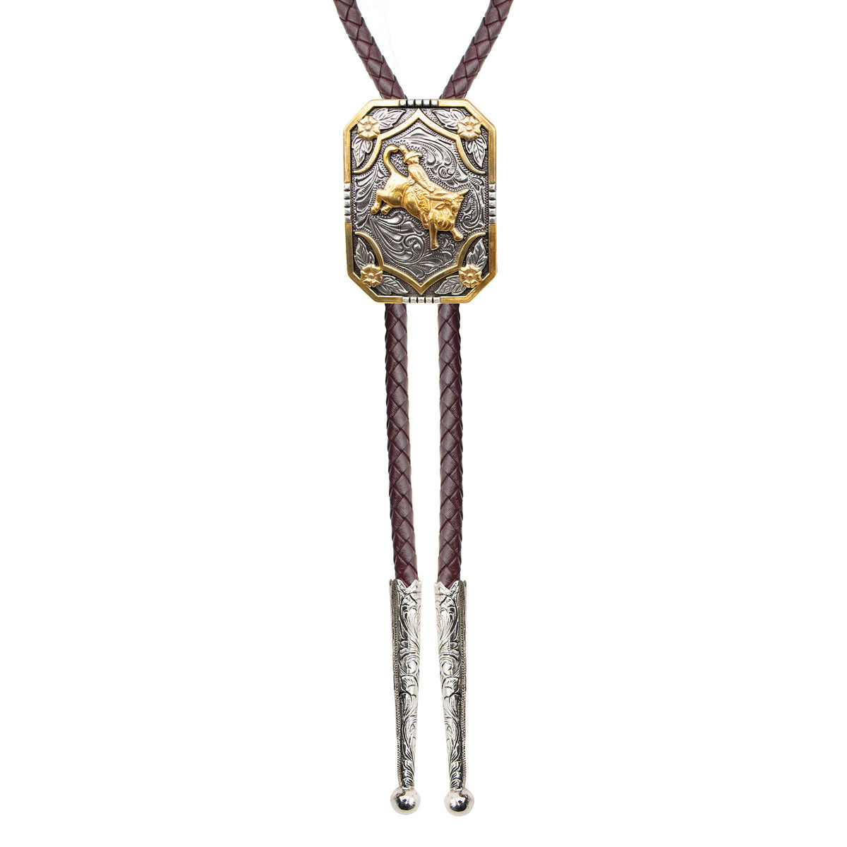 AndWest Iconic Bull Rider Bolo Tie featuring a detailed bull rider motif with leather cord and decorative metal tips.