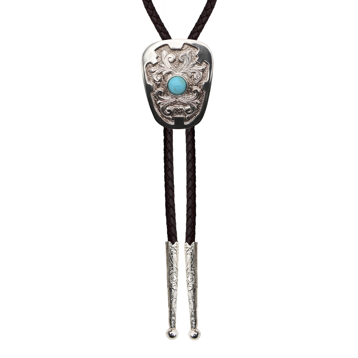 AndWest Iconic Vines bolo tie with turquoise bead, featuring a detailed vine design on the cord and a decorative clasp.