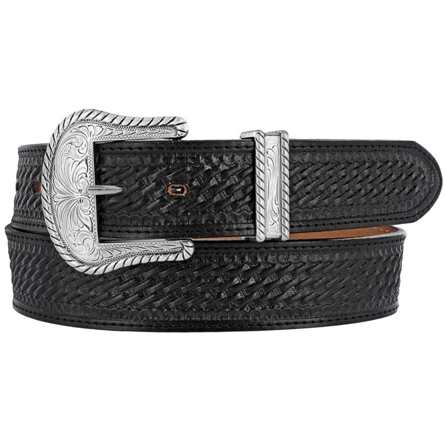 Leegin Justin Bronco belt in brown leather with Western-style stitching and silver buckle, style no. C12263.